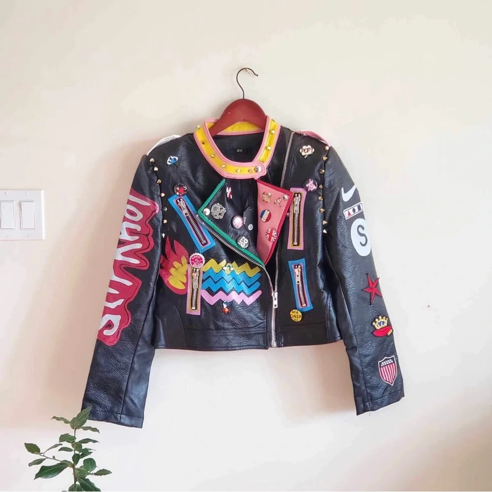 SX Honey Pot Black Faux Vegan Leather Jacket Slipknot Graffiti Punk Moto NWT XS - Picture 5 of 10